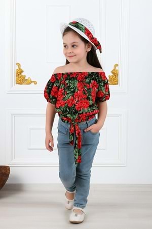Kız Çocuk Şapkalı , Jeans Pantolon , Bluz Yazlık İkili Takım M00731