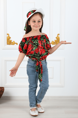 Kız Çocuk Şapkalı , Jeans Pantolon , Bluz Yazlık İkili Takım M00731