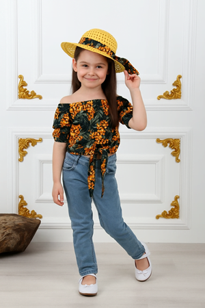 Kız Çocuk Şapkalı , Jeans Pantolon , Bluz Yazlık İkili Takım M00731