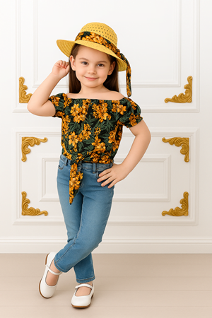 Kız Çocuk Şapkalı , Jeans Pantolon , Bluz Yazlık İkili Takım M00731