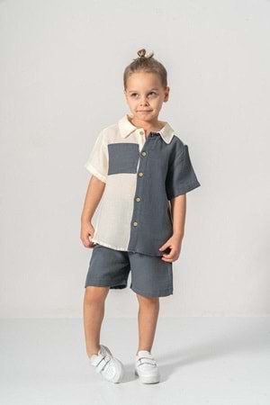 Müslin Kumaş Pamuklu Yazlık Şortlu Erkek Çocuk Takım M00733