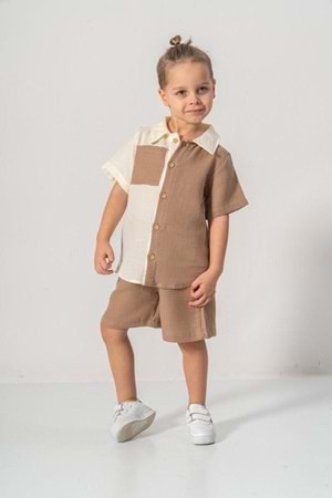 Müslin Kumaş Pamuklu Yazlık Şortlu Erkek Çocuk Takım M00733