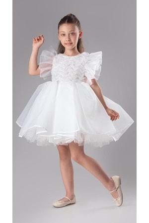 Maronia Kız Çocuk Prenses Model Abiye Elbise -Beyaz M00746