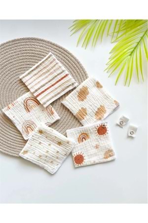 5'li Müslin Desenli Bebek Ağız Mendili Çıtçıtlı Mama Önlüğü M00750