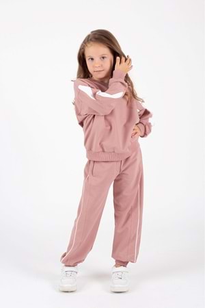 Kız Çocuk Yarasa Kol Şerit Detaylı Alt-Üst Eşofman Takımı M00755