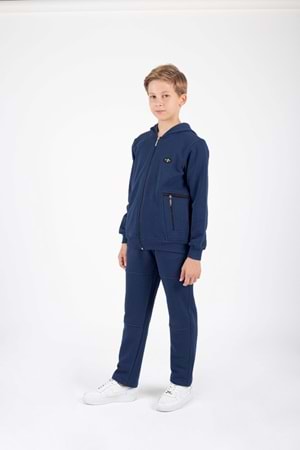 Erkek Çocuk Fermuar Kapamalı Kapüşonlu Arma Detaylı Eşofman Takımı M00757