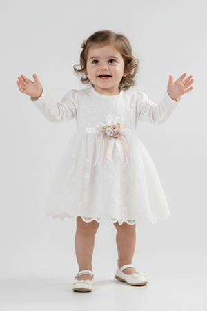 Kız Bebek Kurdelalı Çiçekli Dantel Elbise M00768