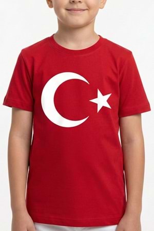 Türk Bayrağı Baskılı 23 Nisan Tören Tişörtü - Çocuk Kısa Kollu Pamuklu Penye M00791