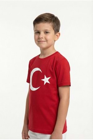 Türk Bayrağı Baskılı 23 Nisan Tören Tişörtü - Çocuk Kısa Kollu Pamuklu Penye M00791