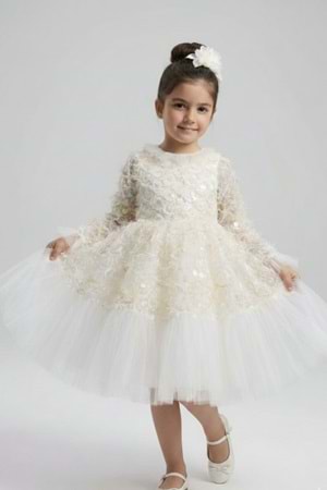 Kız Çocuk İspanyol Kol Tül Detaylı Kabarık Etekli Özel Gün Düğün Elbisesi M00793