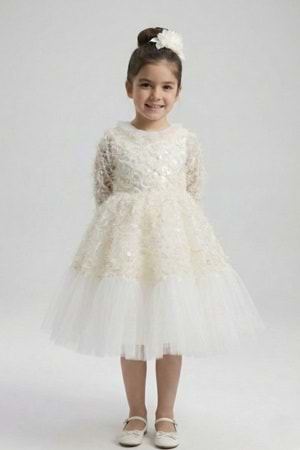 Kız Çocuk İspanyol Kol Tül Detaylı Kabarık Etekli Özel Gün Düğün Elbisesi M00793
