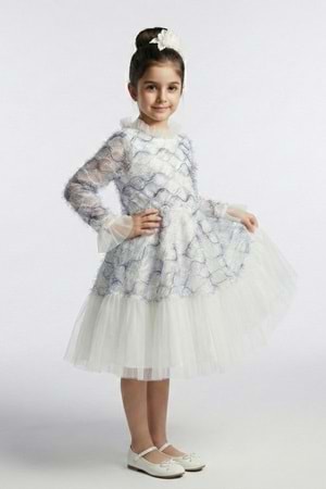 Kız Çocuk İspanyol Kol Tül Detaylı Kabarık Etekli Özel Gün Düğün Elbisesi M00793