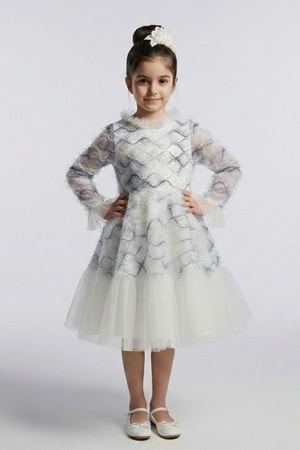 Kız Çocuk İspanyol Kol Tül Detaylı Kabarık Etekli Özel Gün Düğün Elbisesi M00793