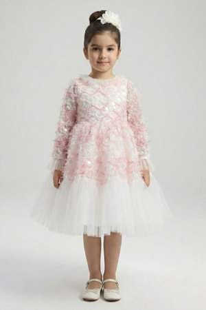 Kız Çocuk İspanyol Kol Tül Detaylı Kabarık Etekli Özel Gün Düğün Elbisesi M00793