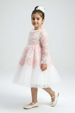 Kız Çocuk İspanyol Kol Tül Detaylı Kabarık Etekli Özel Gün Düğün Elbisesi M00793