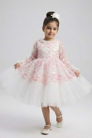 Kız Çocuk İspanyol Kol Tül Detaylı Kabarık Etekli Özel Gün Düğün Elbisesi M00793