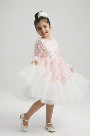 Kız Çocuk İspanyol Kol Tül Detaylı Kabarık Etekli Özel Gün Düğün Elbisesi M00793
