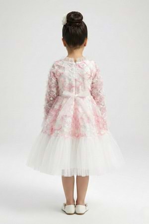 Kız Çocuk İspanyol Kol Tül Detaylı Kabarık Etekli Özel Gün Düğün Elbisesi M00793