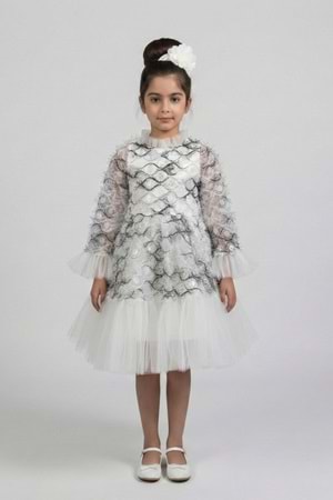 Kız Çocuk İspanyol Kol Tül Detaylı Kabarık Etekli Özel Gün Düğün Elbisesi M00793