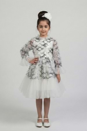 Kız Çocuk İspanyol Kol Tül Detaylı Kabarık Etekli Özel Gün Düğün Elbisesi M00793