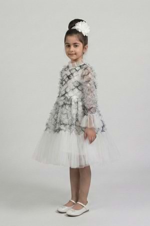 Kız Çocuk İspanyol Kol Tül Detaylı Kabarık Etekli Özel Gün Düğün Elbisesi M00793