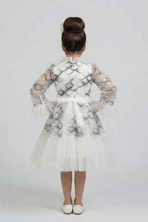 Kız Çocuk İspanyol Kol Tül Detaylı Kabarık Etekli Özel Gün Düğün Elbisesi M00793