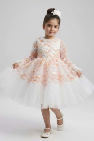 Kız Çocuk İspanyol Kol Tül Detaylı Kabarık Etekli Özel Gün Düğün Elbisesi M00793