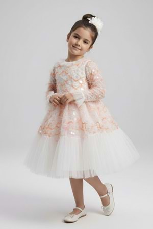 Kız Çocuk İspanyol Kol Tül Detaylı Kabarık Etekli Özel Gün Düğün Elbisesi M00793