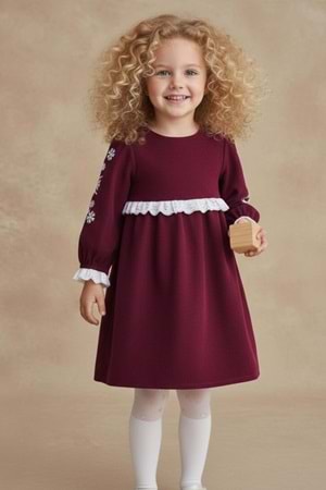 Fisto Detaylı Kollar Nakışlı Otantik Kız Çocuk Elbise M00795