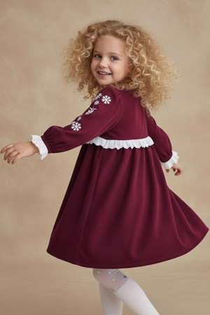 Fisto Detaylı Kollar Nakışlı Otantik Kız Çocuk Elbise M00795