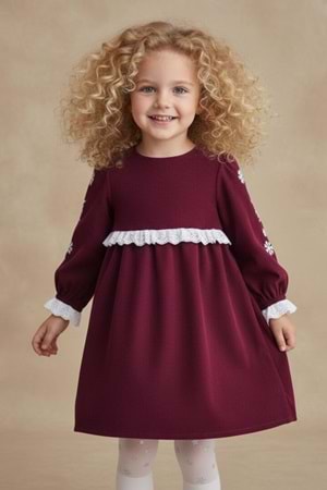 Fisto Detaylı Kollar Nakışlı Otantik Kız Çocuk Elbise M00795