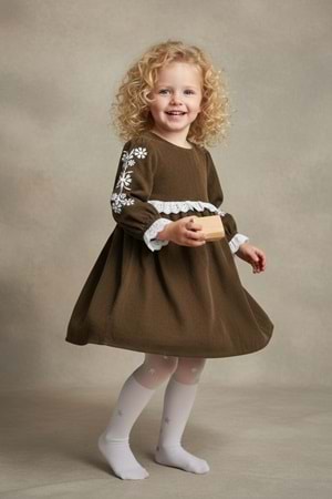 Fisto Detaylı Kollar Nakışlı Otantik Kız Çocuk Elbise M00795