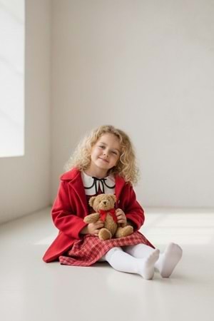 Kaşe Ceketli Kız Çocuk Ekose Kumaş Nakış Yaka Elbise M00796