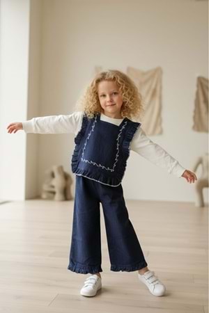 Kız Çocuk Otantik Kot Pantolon ve Bluz Takımı M00797