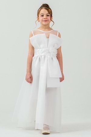 Kız Çocuk Organze Tül Çiçek ve Fiyonk Detaylı Gipe Sırtlı Prenses Abiye Elbise M00800