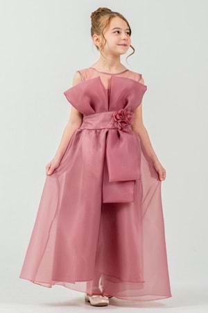 Kız Çocuk Organze Tül Çiçek ve Fiyonk Detaylı Gipe Sırtlı Prenses Abiye Elbise M00800