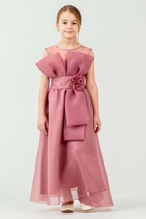 Kız Çocuk Organze Tül Çiçek ve Fiyonk Detaylı Gipe Sırtlı Prenses Abiye Elbise M00800