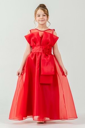 Kız Çocuk Organze Tül Çiçek ve Fiyonk Detaylı Gipe Sırtlı Prenses Abiye Elbise M00800