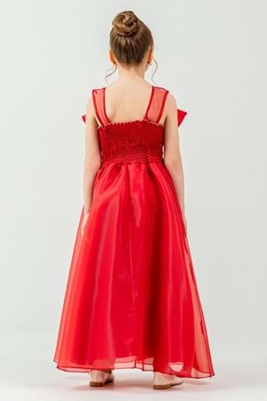 Kız Çocuk Organze Tül Çiçek ve Fiyonk Detaylı Gipe Sırtlı Prenses Abiye Elbise M00800