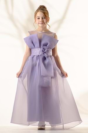 Kız Çocuk Organze Tül Çiçek ve Fiyonk Detaylı Gipe Sırtlı Prenses Abiye Elbise M00800