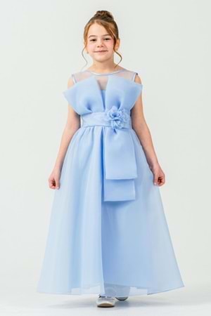 Kız Çocuk Organze Tül Çiçek ve Fiyonk Detaylı Gipe Sırtlı Prenses Abiye Elbise M00800