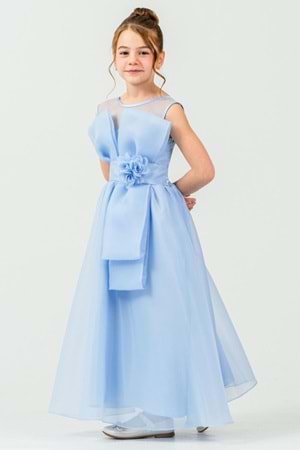 Kız Çocuk Organze Tül Çiçek ve Fiyonk Detaylı Gipe Sırtlı Prenses Abiye Elbise M00800