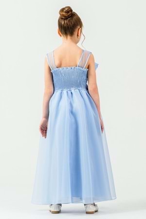 Kız Çocuk Organze Tül Çiçek ve Fiyonk Detaylı Gipe Sırtlı Prenses Abiye Elbise M00800