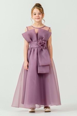 Kız Çocuk Organze Tül Çiçek ve Fiyonk Detaylı Gipe Sırtlı Prenses Abiye Elbise M00800