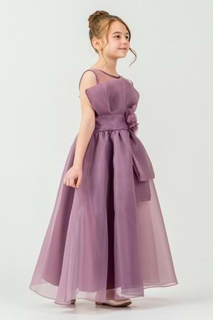 Kız Çocuk Organze Tül Çiçek ve Fiyonk Detaylı Gipe Sırtlı Prenses Abiye Elbise M00800