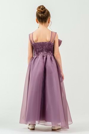 Kız Çocuk Organze Tül Çiçek ve Fiyonk Detaylı Gipe Sırtlı Prenses Abiye Elbise M00800