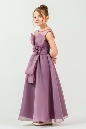 Kız Çocuk Organze Tül Çiçek ve Fiyonk Detaylı Gipe Sırtlı Prenses Abiye Elbise M00800