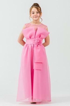 Kız Çocuk Organze Tül Çiçek ve Fiyonk Detaylı Gipe Sırtlı Prenses Abiye Elbise M00800