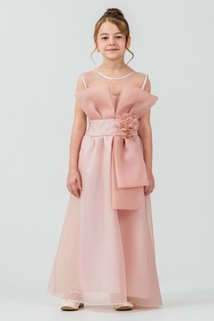 Kız Çocuk Organze Tül Çiçek ve Fiyonk Detaylı Gipe Sırtlı Prenses Abiye Elbise M00800