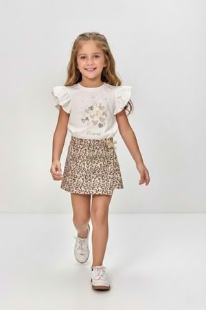 Kız Çocuk Leopar Şort Etek & Fırfırlı Tişört 2li Tarz Kombin M00801